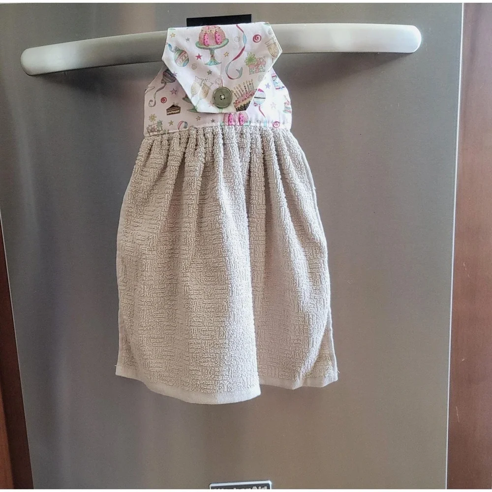 Handmade Hanging Kitchen Towel Celebration Cake Print Tan Pink Oven Door Towel